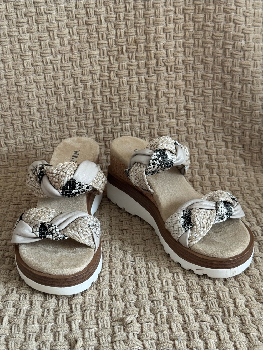 Vaneli Beige Braided Wedge Slides with Snake-Print Accent
